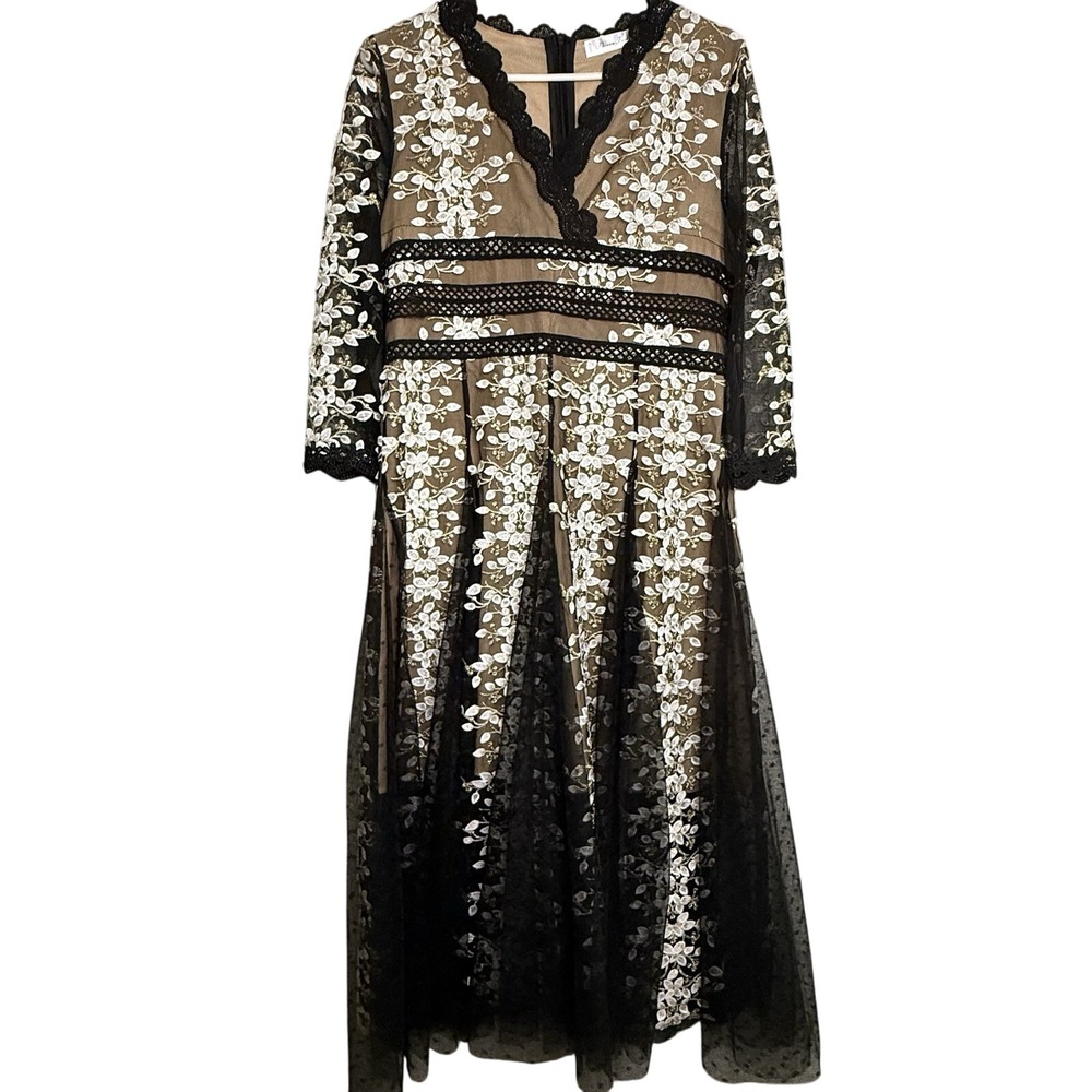 Shiran‎ Fushi Floral Lace Black White Long Sleeve Midi Party Cocktail Dress L/XL